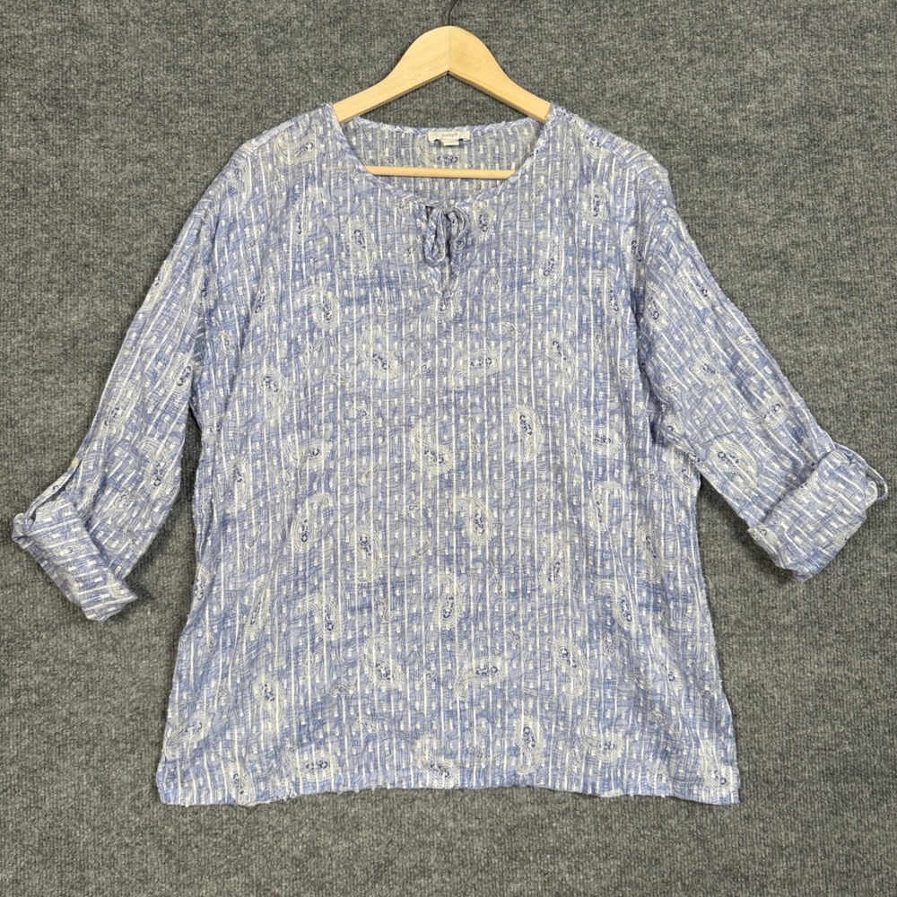Pure Jill Size 8 Top Blouse Blue Cotton Blend Paisley Tie Neck Roll Tab Sleeves